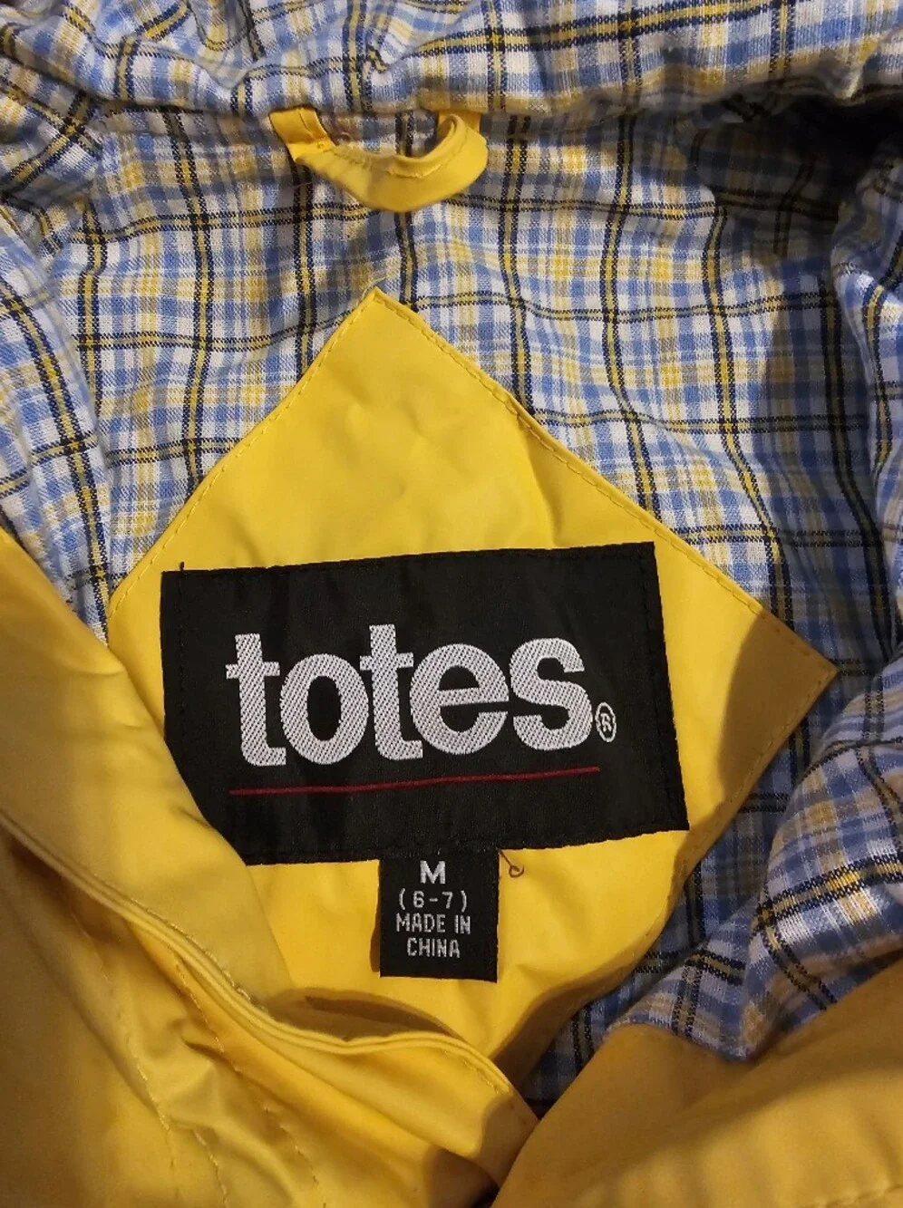 Totes Kids Yellow Hooded Raincoat Plaid Lined Rain Jacket Size M 6/7